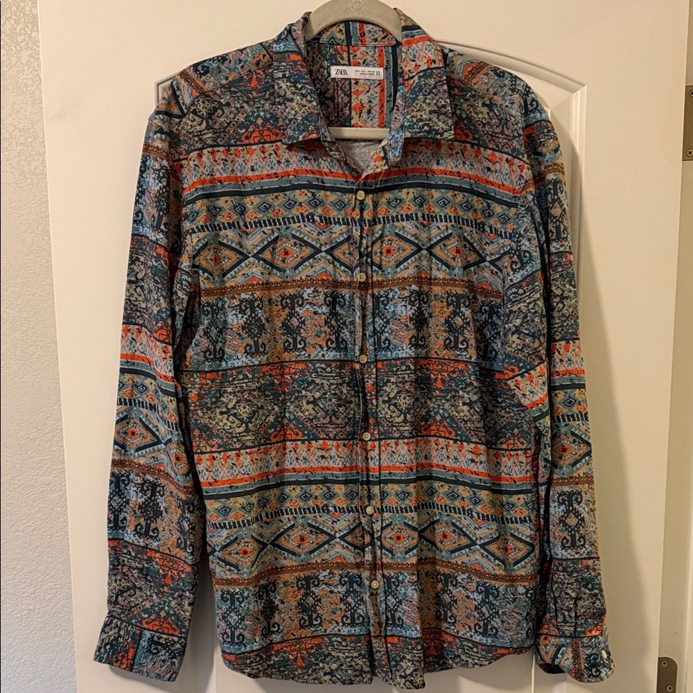 Zara Multicolor Geometric Button-Down Shirt - Blue, Orange, Cream